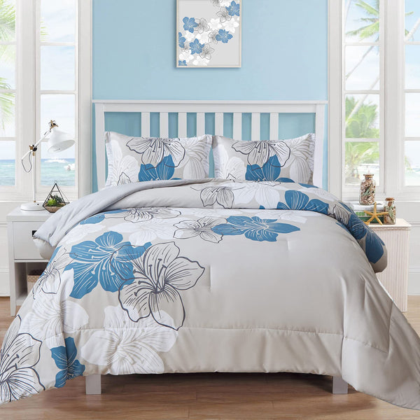 Floral Bed Comforter Set King - Blue Floral Pattern Printed on Grey - 3 Piece Soft Microfiber