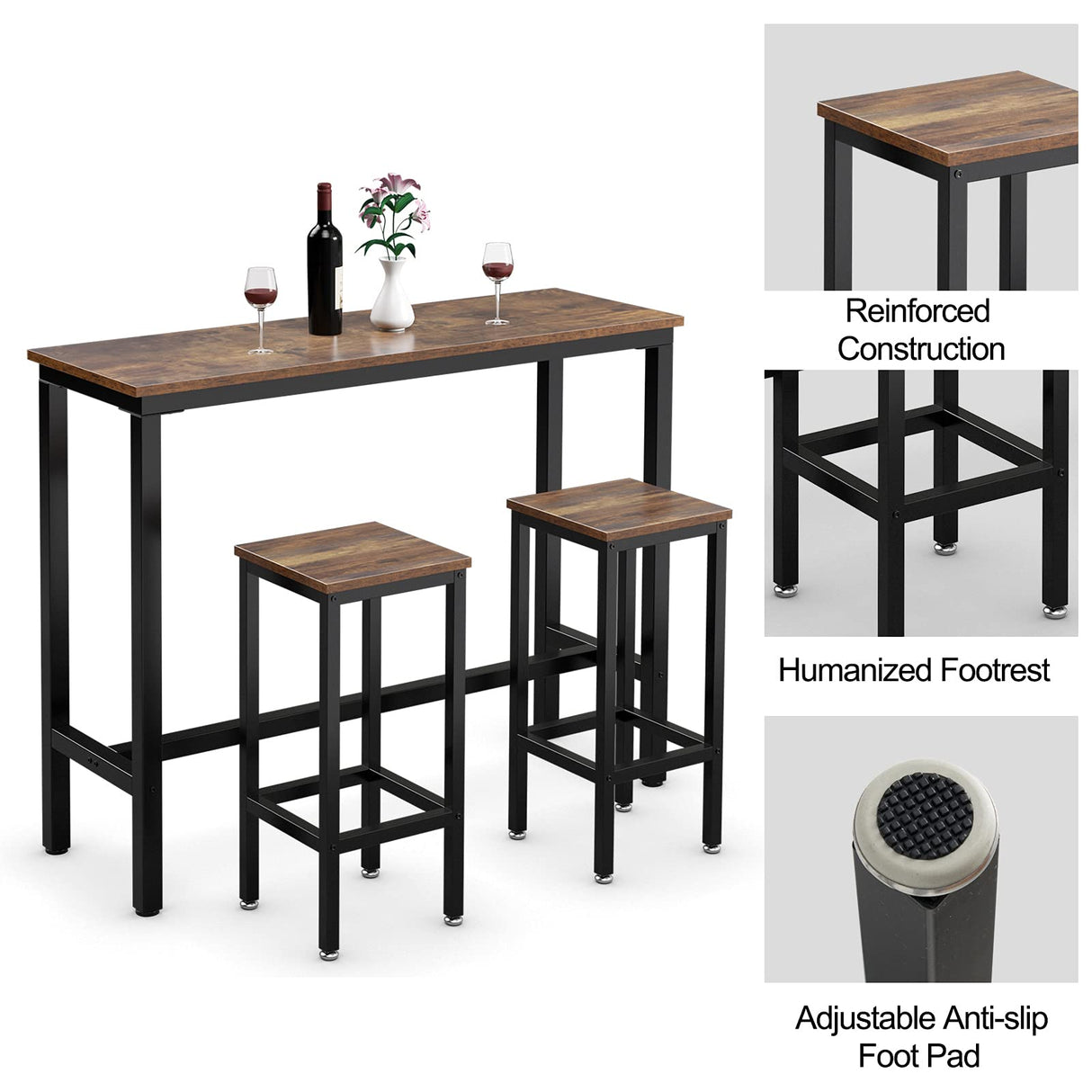 3-Piece Bar Table Set, 39.5” Bar Table with 2PC 28” Bar Stools