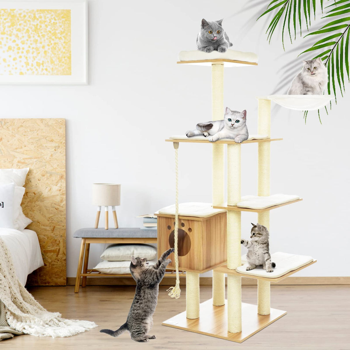 69-Inch Large Cat Tree Tower for Indoor Cats, Modern Wood Multi-Level Cat Climbing