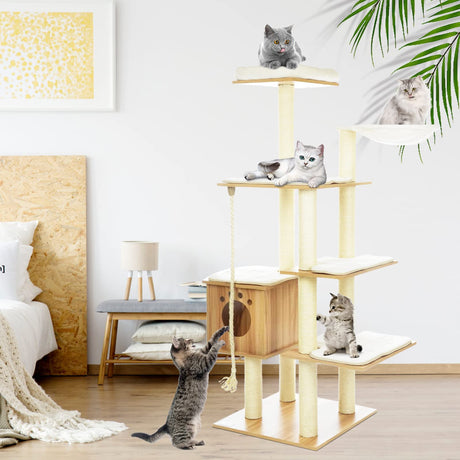 69-Inch Large Cat Tree Tower for Indoor Cats, Modern Wood Multi-Level Cat Climbing