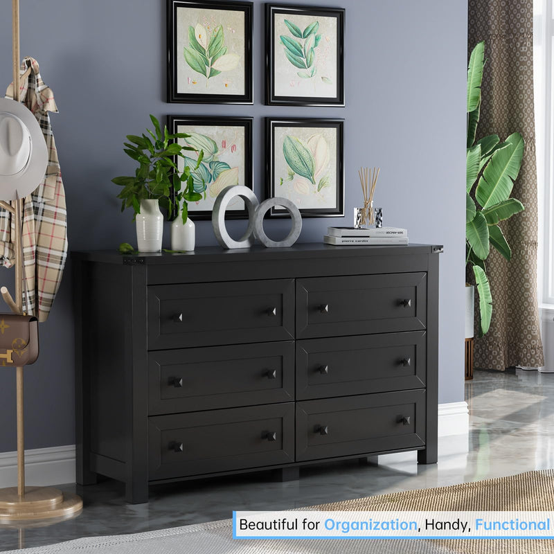 Black Dresser for Bedroom with 6 Drawers, Modern Chest of Drawers, Wood Dressers