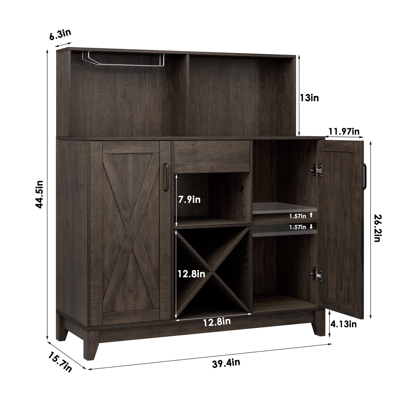 Wine Bar Cabinet for Liquor and Glasses, Barn Doors Wine Cabinet