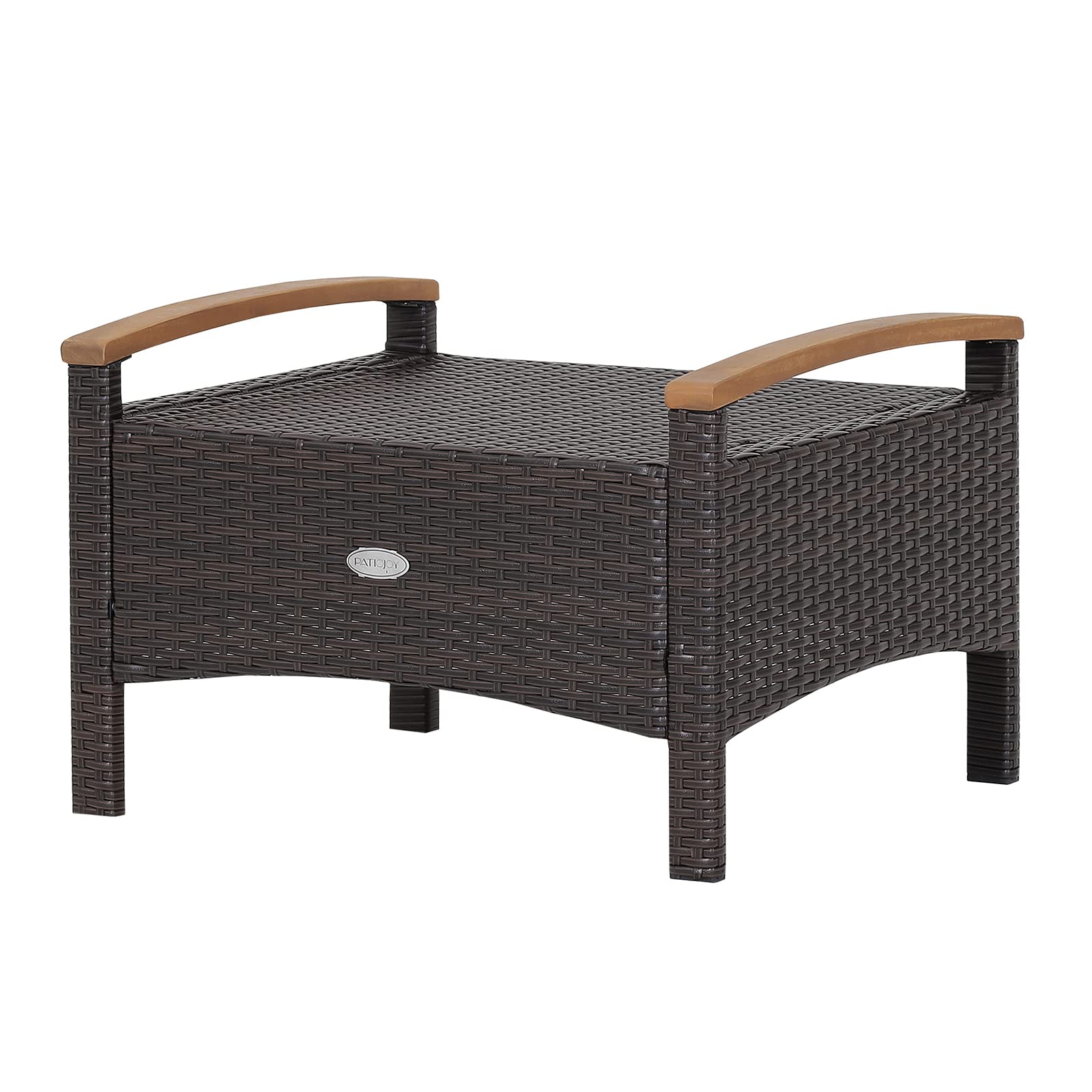 2 Piece Patio Rattan Ottomans, Wicker Footstool w/Acacia Wood Handles