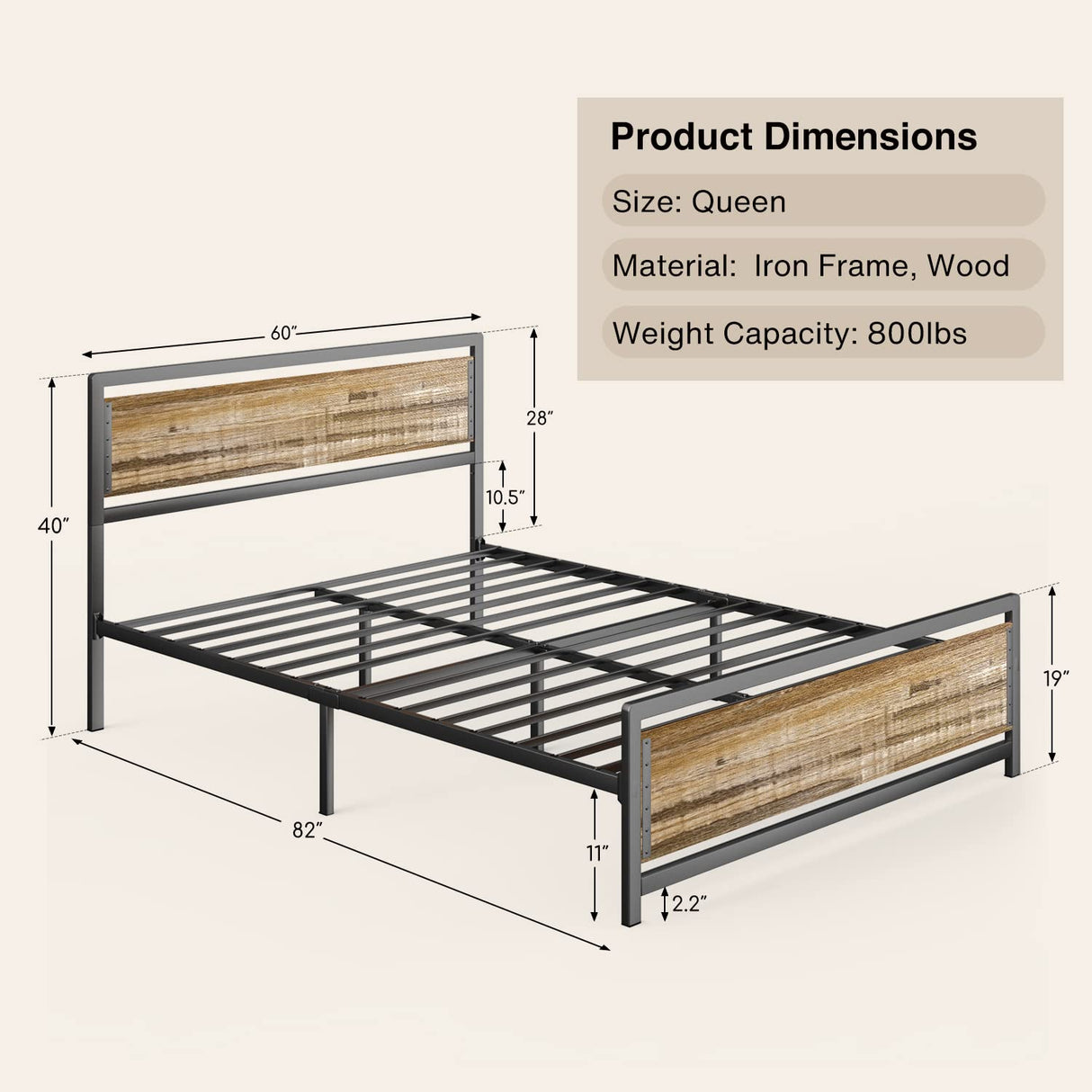 Metal Platform Bed with Wooden Headboard with Rivet