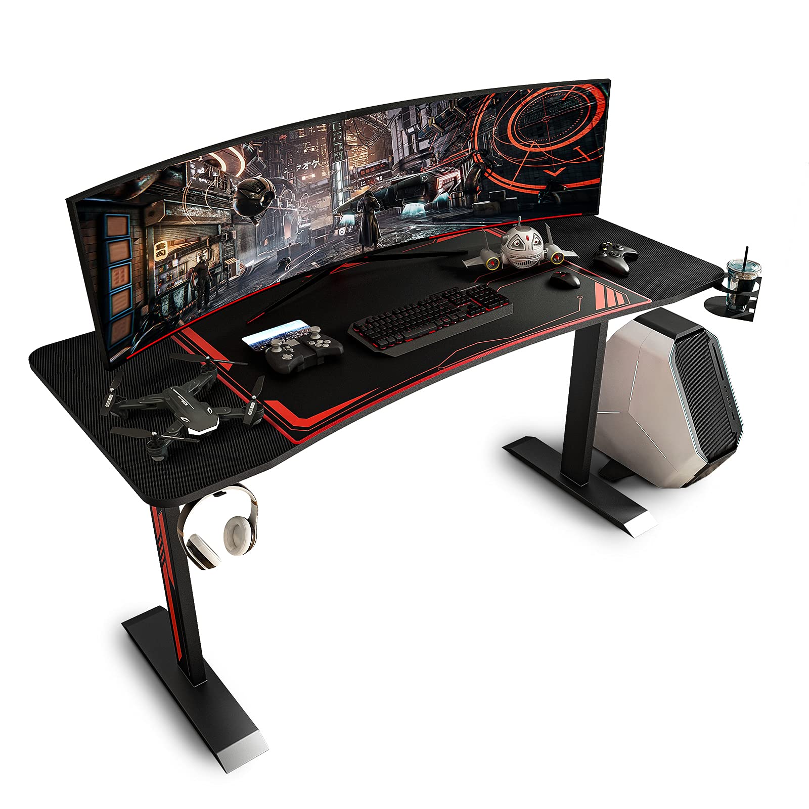 55 Inch Gaming Desk, Heavy-Duty Gaming Computer Table with Fiber Surface