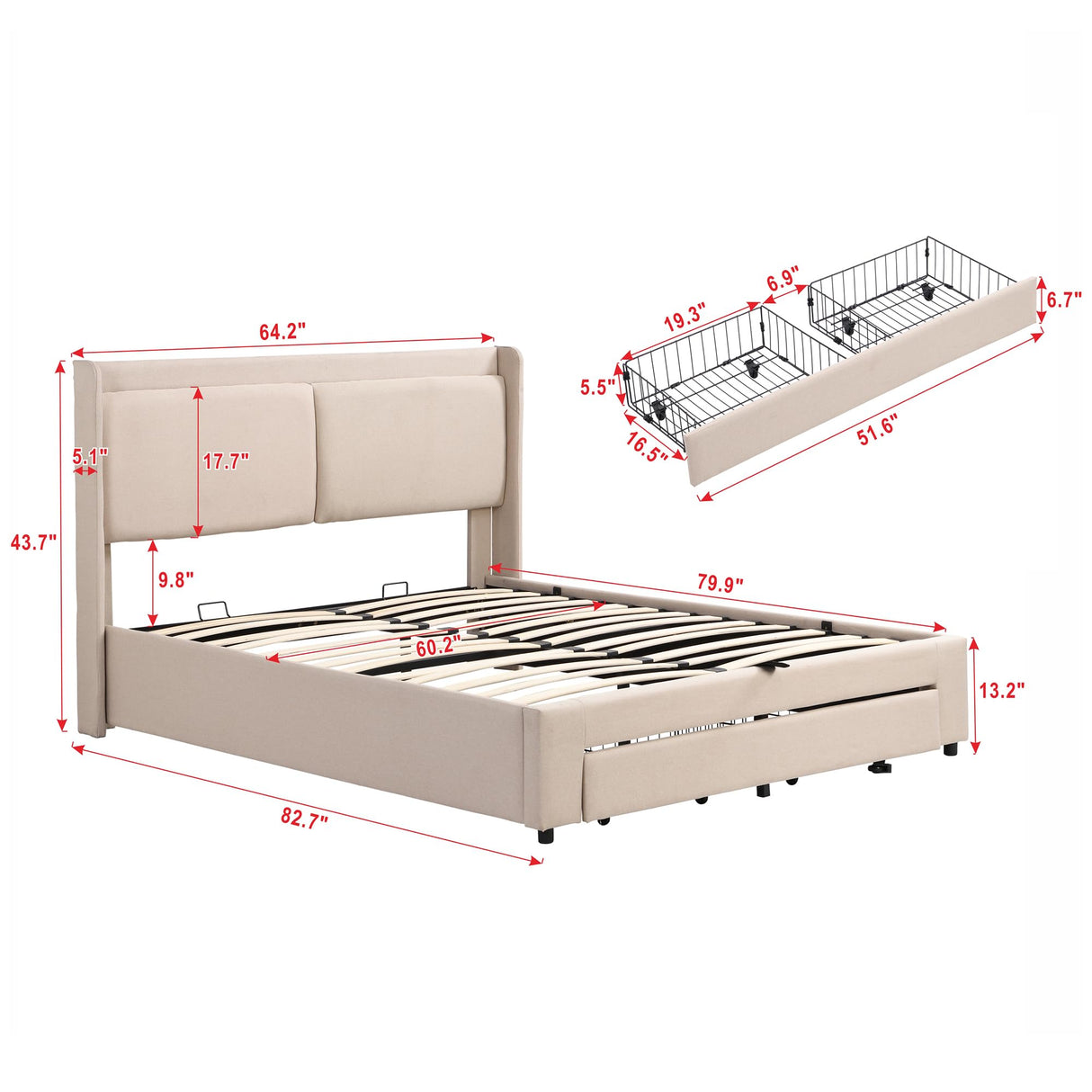 Queen Size Storage Upholstered Hydraulic Platform Bed with 2 Drawers & Linen