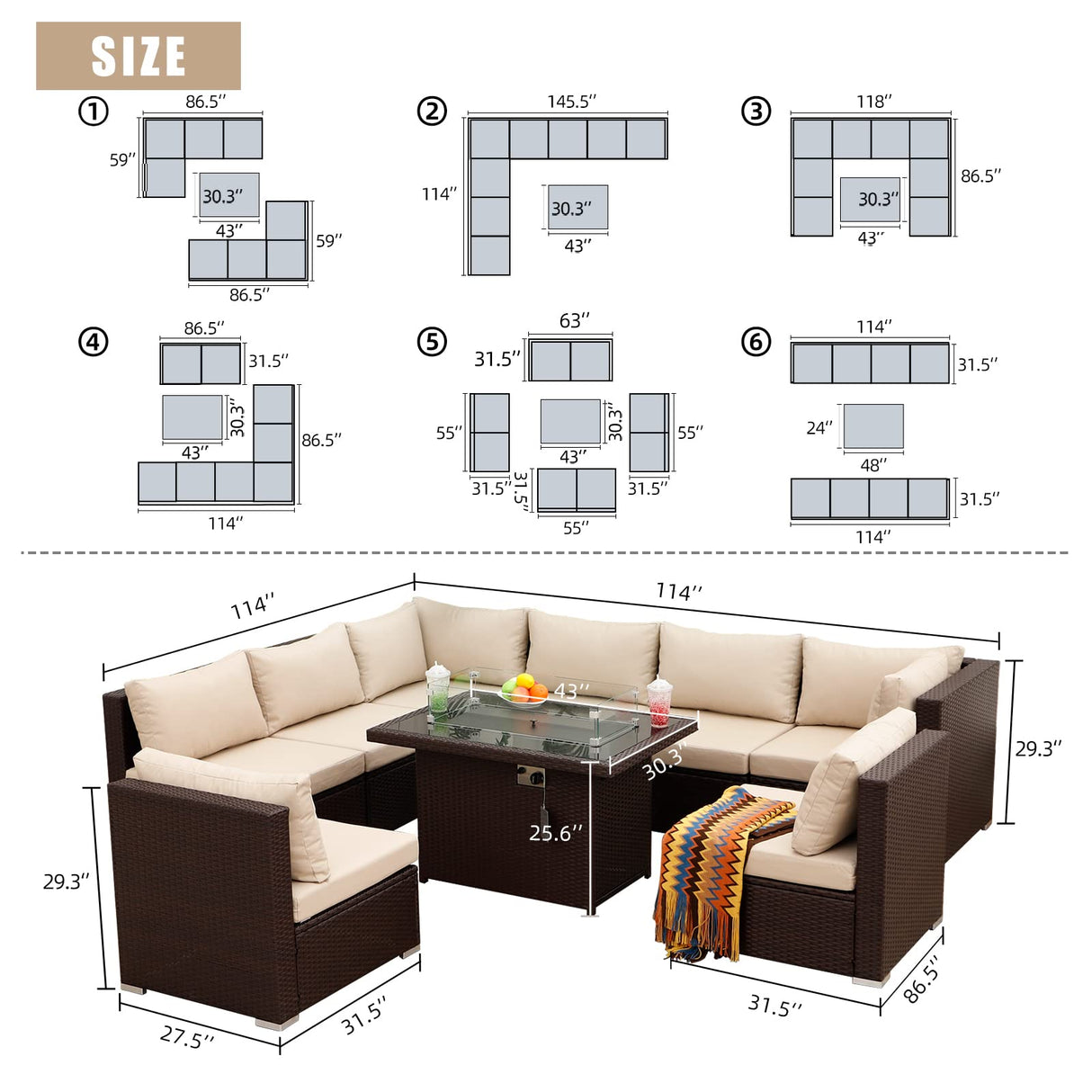 Large Size PE Rattan Outdoor Patio Furniture Sectional Sofa Sets