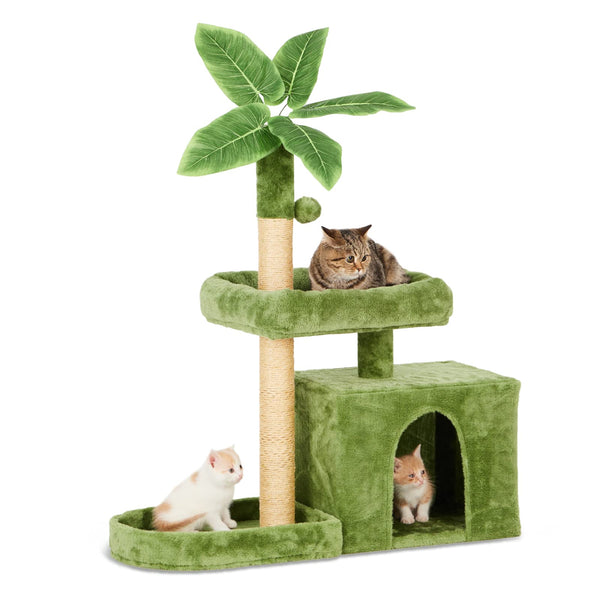 31.5" Cat Tree/Tower for Indoor Cats with Green Leaves, Cat Condo Cozy Plush Cat House