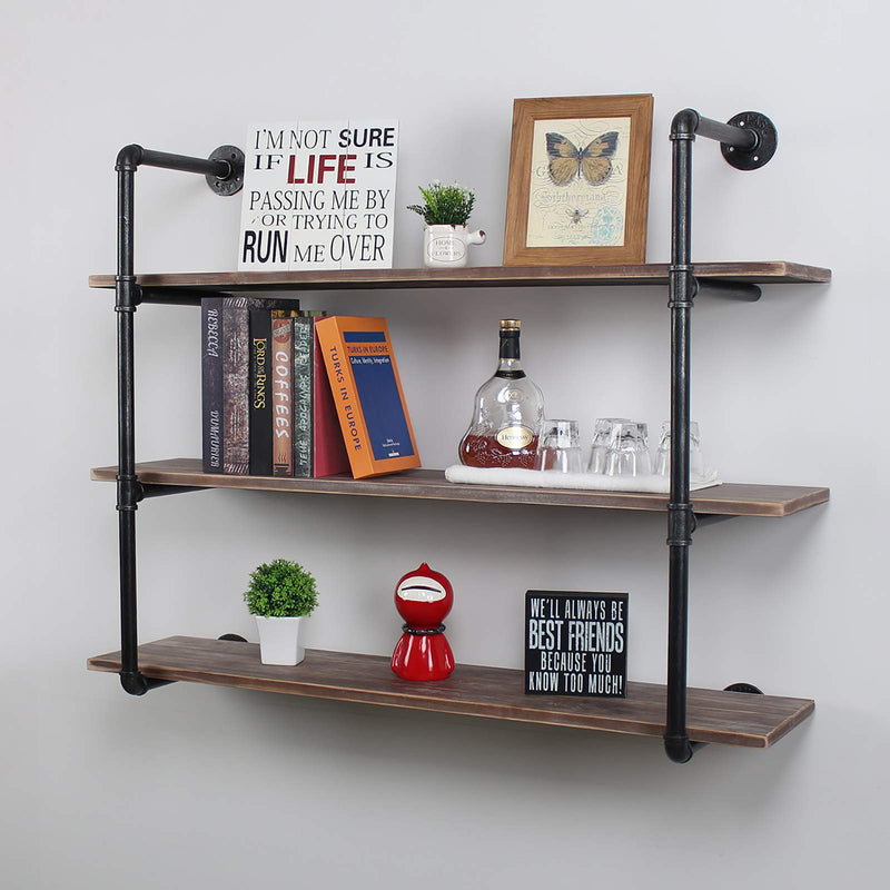 Industrial Pipe Floating Shelves,2 Tiers Wall Mount Bookshelf,48in Rustic Wall Shelves,DIY Storage Shelving Wall Shelf,Rustic Wall Shelving Unit,Wall Book Shelf for Home Organizer,Black Brushed Silver