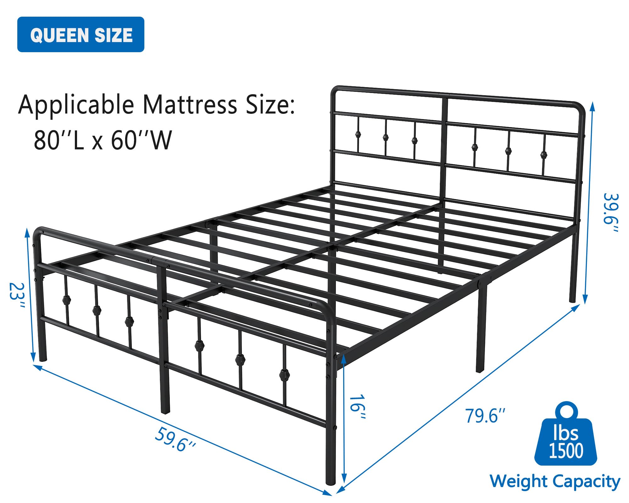 Queen Metal Bed Frame with Vintage Headboard and Footboard, Victorian Style Platform Bed Frame