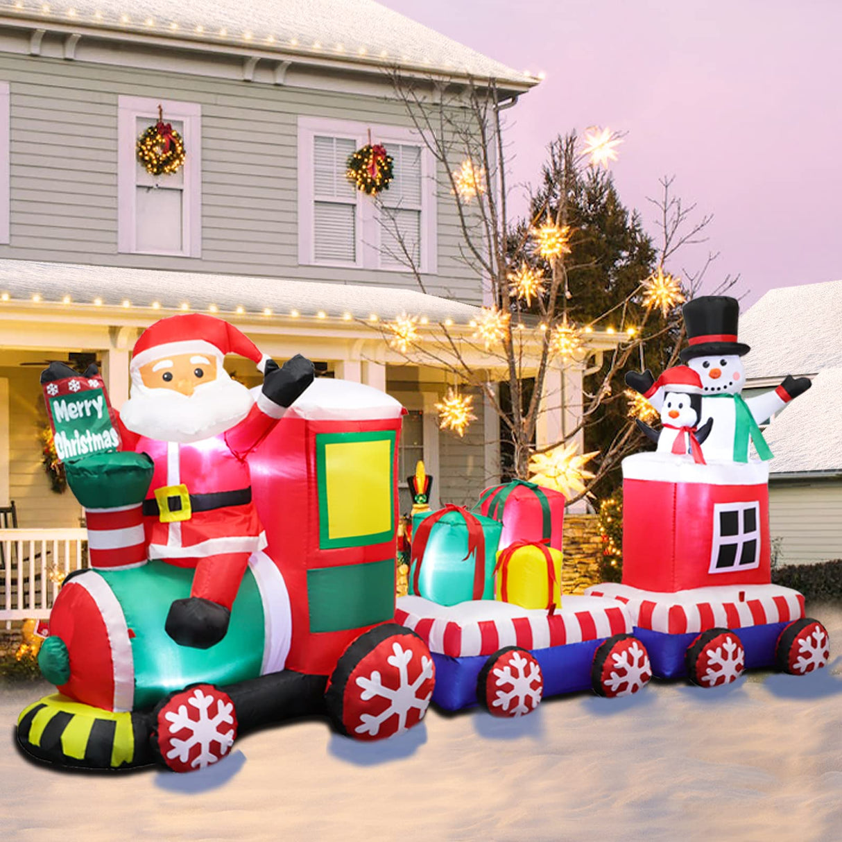 8 FT Christmas Inflatable Train with Santa Claus Snowman Penguin