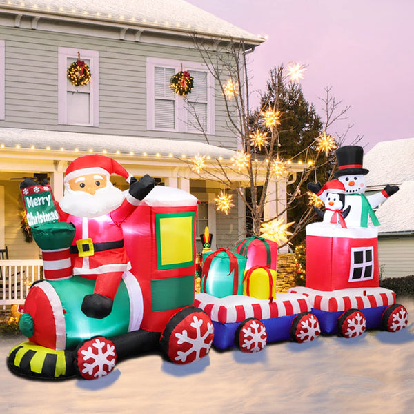 8 FT Christmas Inflatable Train with Santa Claus, Snowman, Penguin, Gift Boxes, Blow Up