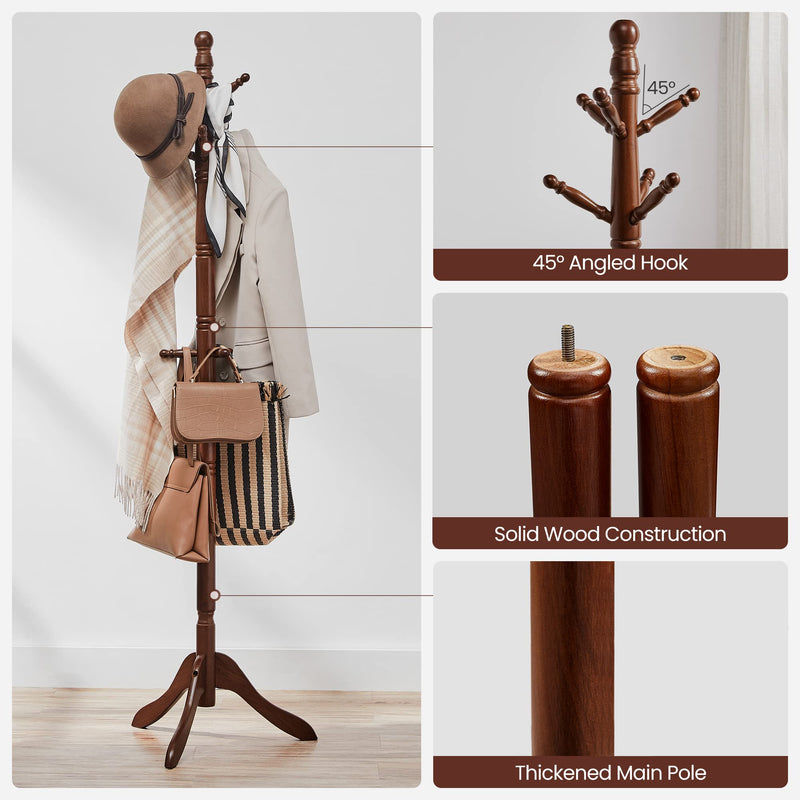 Solid Wood Coat Rack/Stand, Free Standing Hall Coat Tree with 10 Hooks