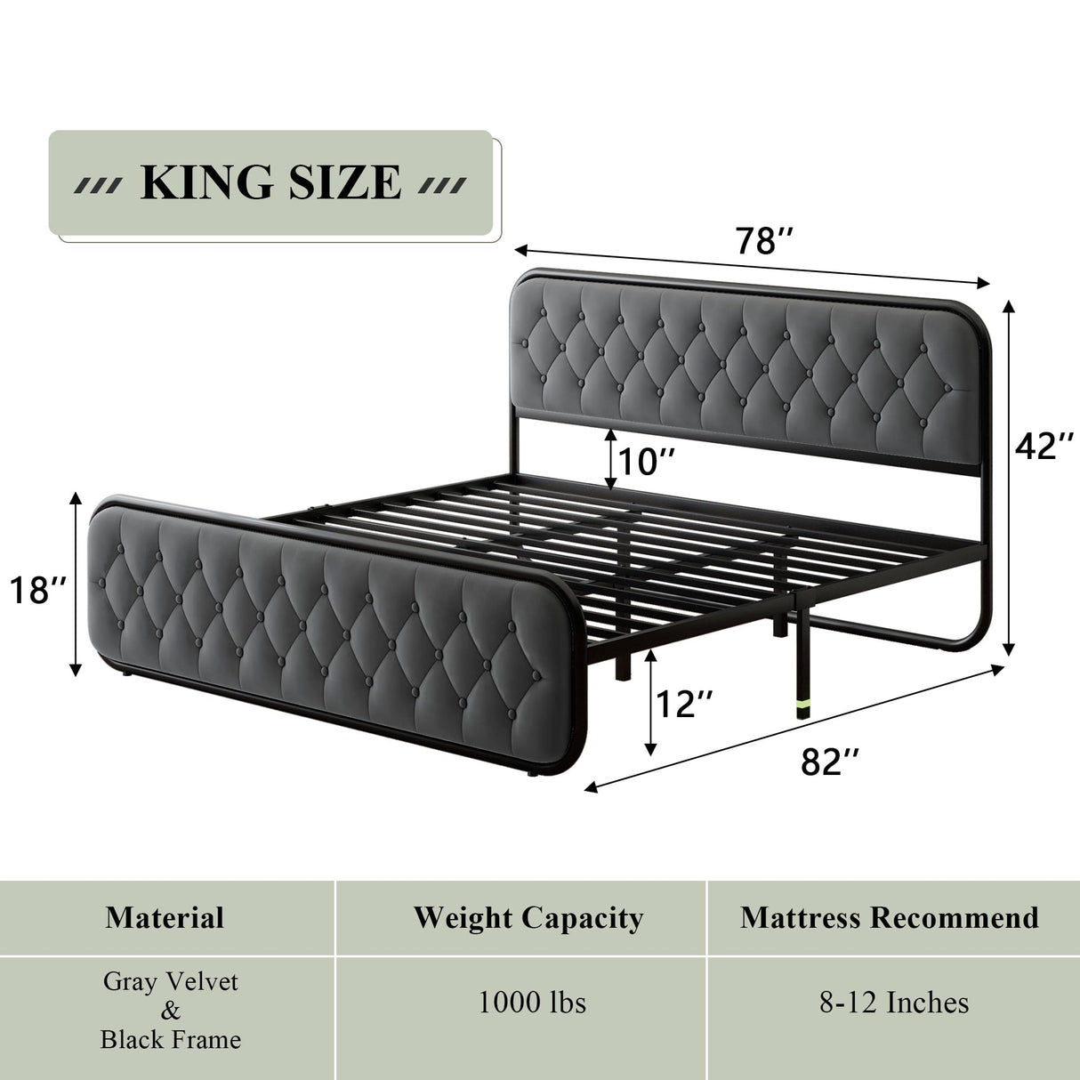 King Size Bed Frame, Heavy Duty Bed Frame with Buton Tufted Headboard, Upholstered