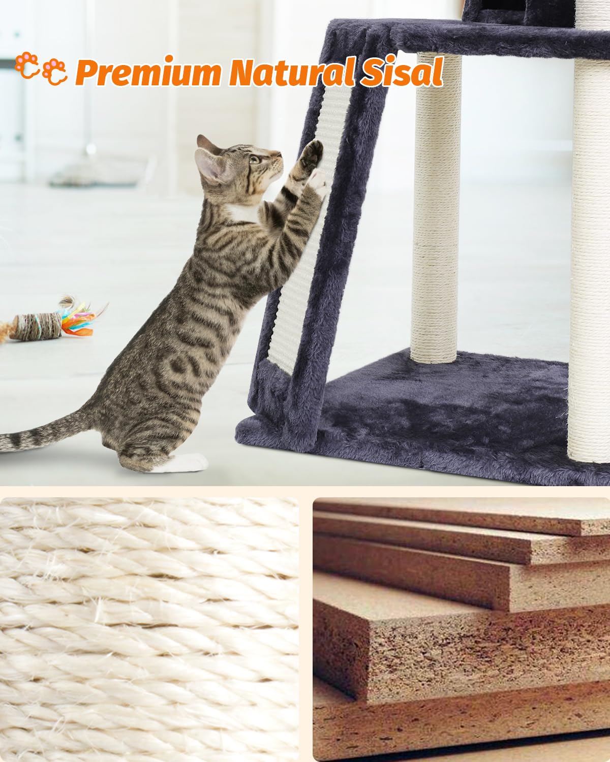 Cat Tree for Indoor Cats 43 Inch Tall Cat Climbing Tower with Sisal-Covered