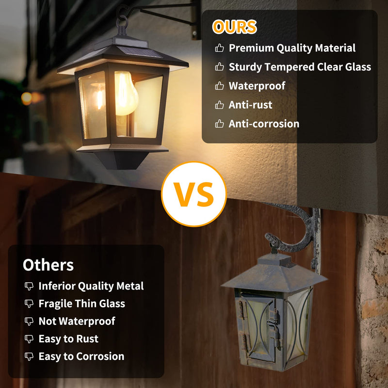 2 Pack Solar Wall Lanterns with Replaceable Bulb, Outdoor Hanging Solar Lights