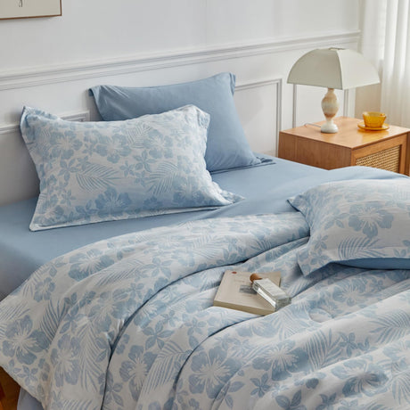 Queen Comforter Set, White Blue Floral Bedding Comforter Sets