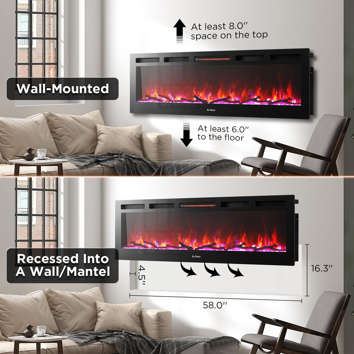 60” Smart WiFi Infrared Electric Fireplace with Sound Crackling and Realistic Flame