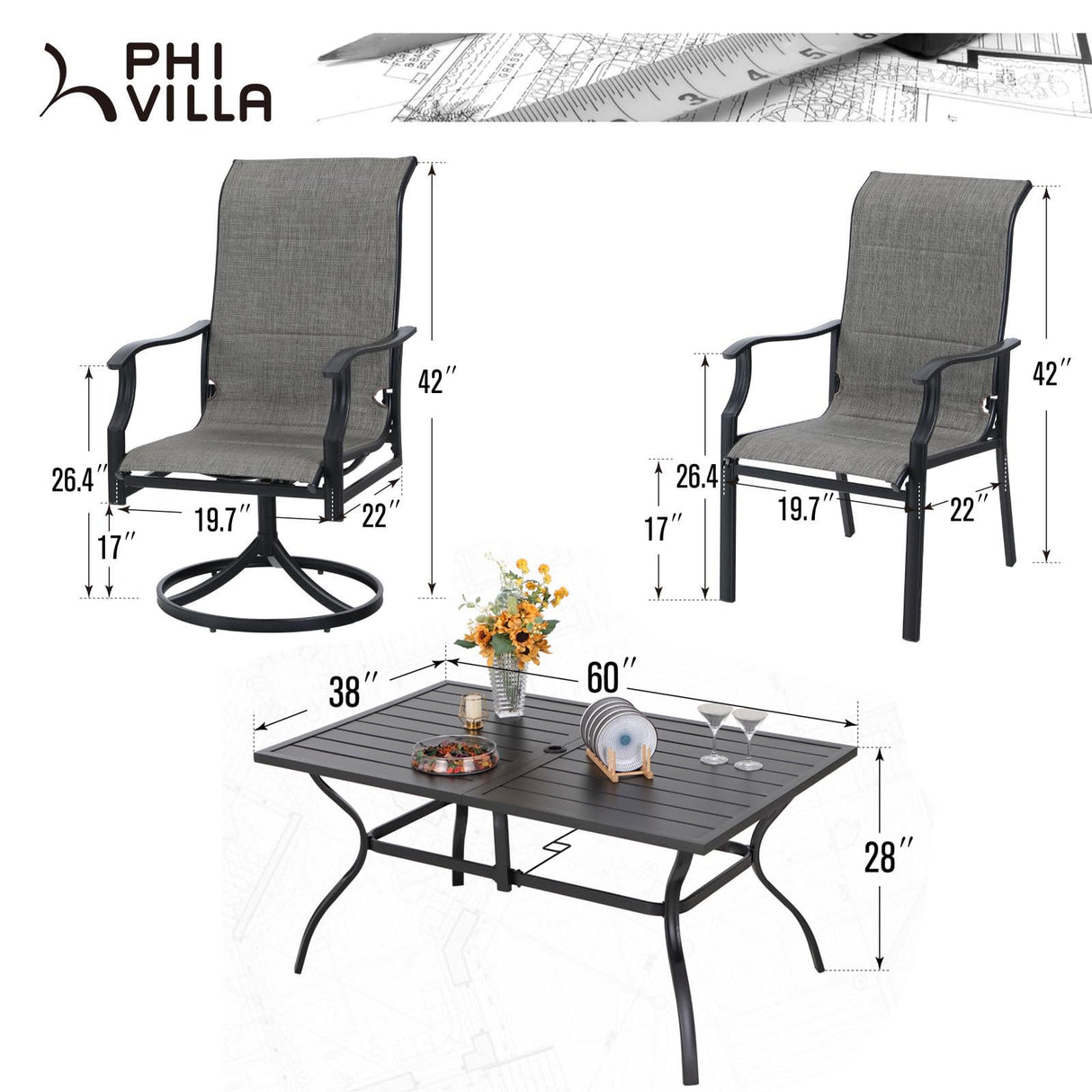 Outdoor Dining Table with Umbrella Hole and 6 Patio