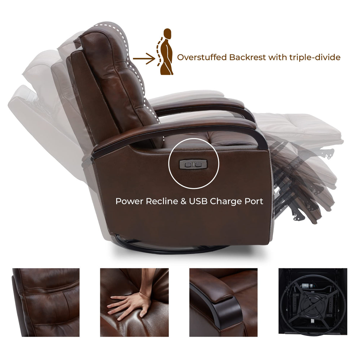 Genuine Leather Power Swivel Glider Rocker Recliner, USB Charge Power Headrest Wooden Contrast