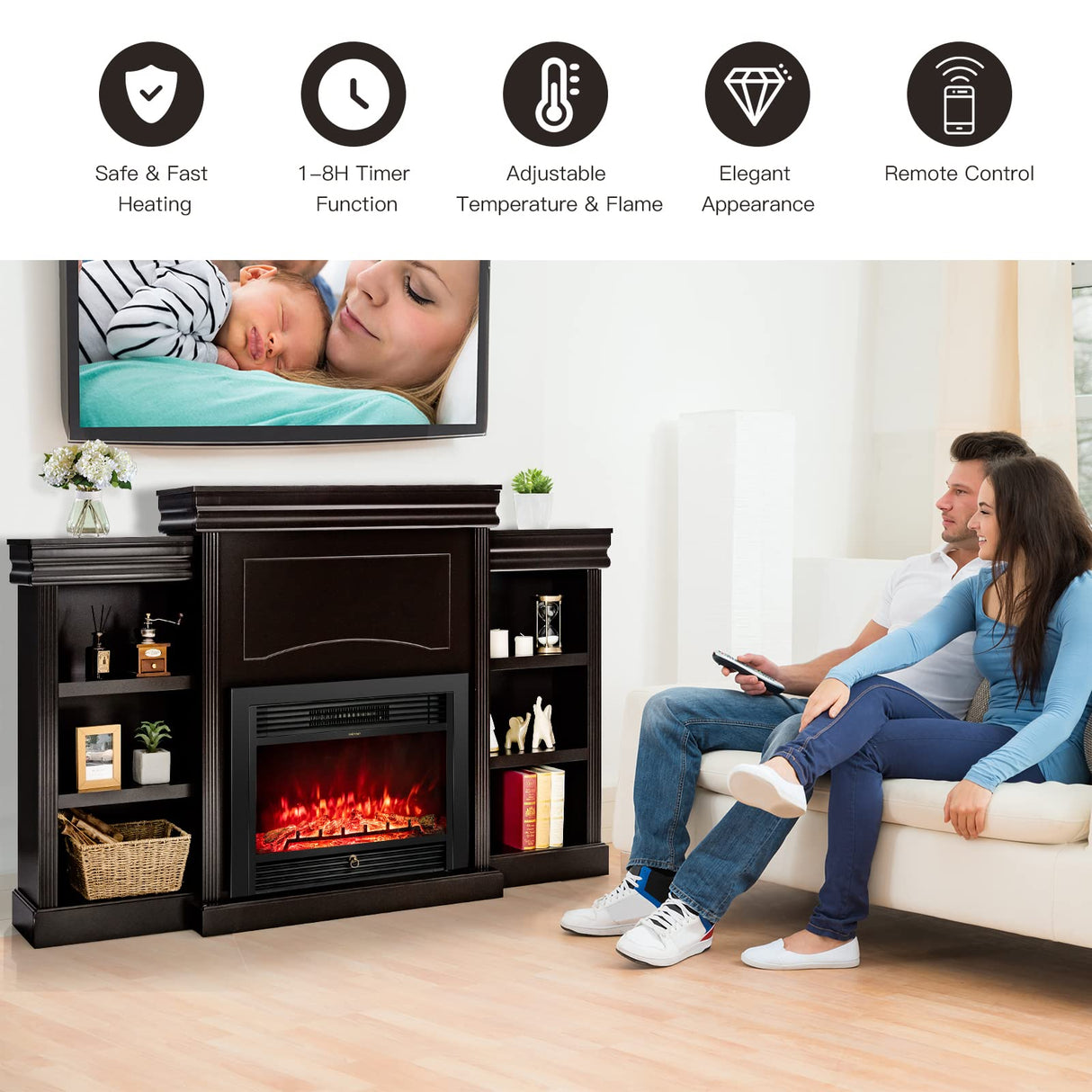 750W/1500W Electric Fireplace w/Mantel & Built-in Bookshelves