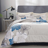 Floral Bed Comforter Set King - Blue Floral Pattern Printed on Grey