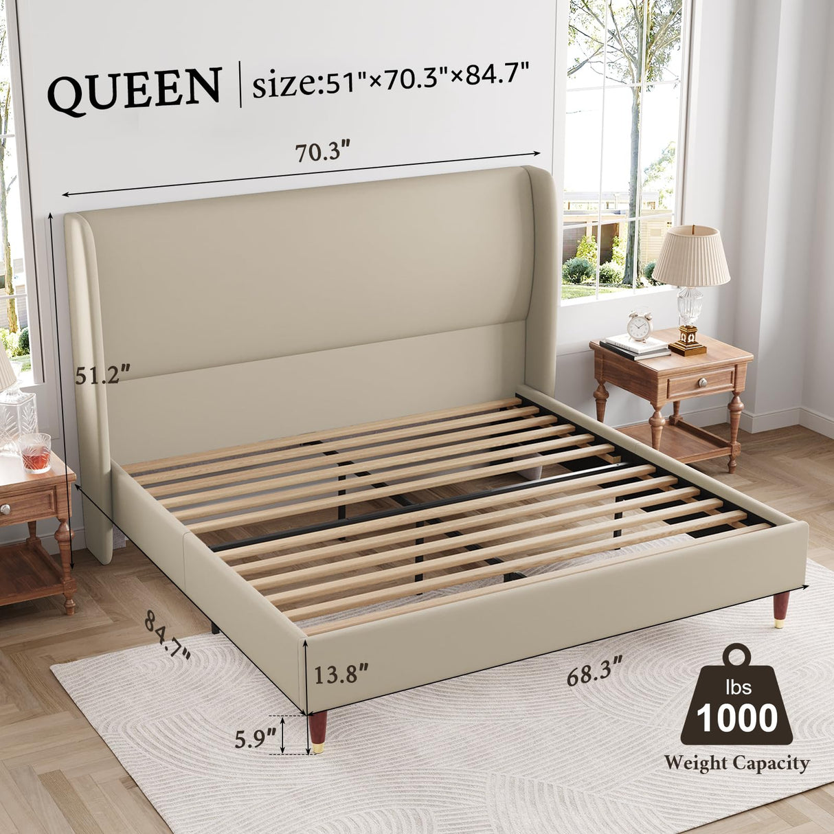 Queen Bed Frame Upholstered Bed 51.2" High Platform Bed with Wingback Headboard