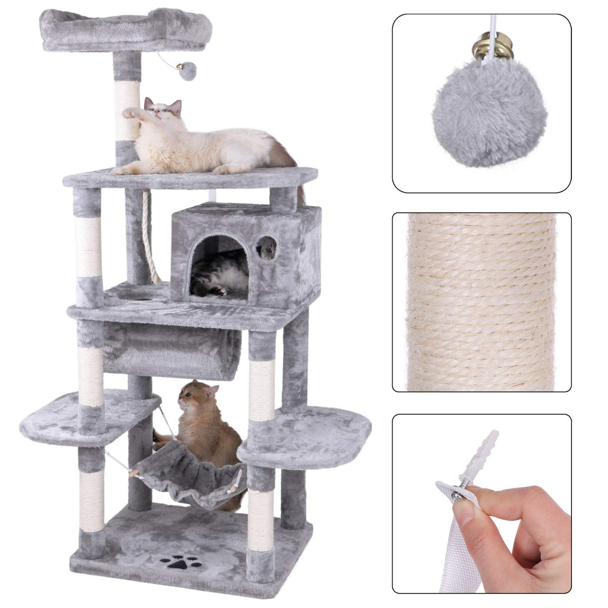 Cat Tree with Sisal Scratching Posts Perch House Hammock Tunnel, Cat Tower Cat Condo