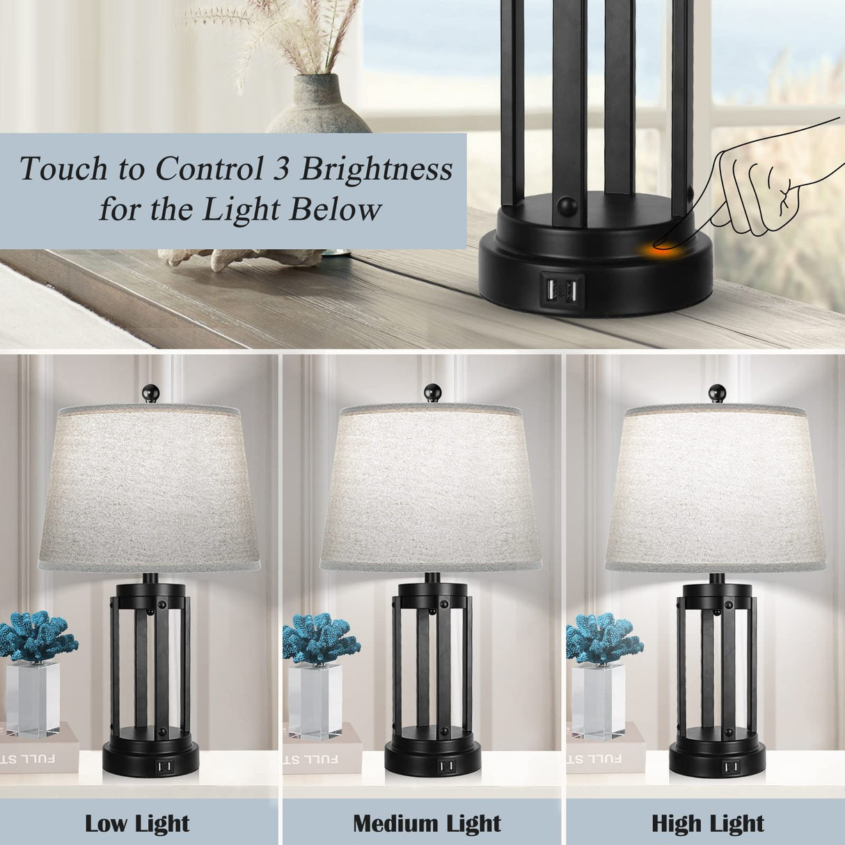 Table Lamps Set of 2 with USB Ports, 3-Way Dimmable Farmhouse