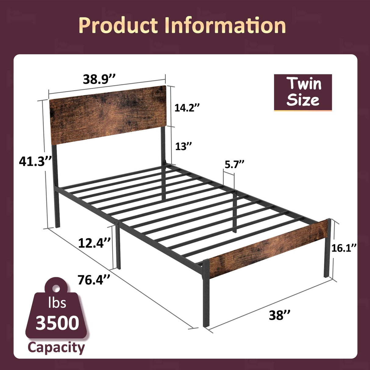 Bed Frame with Wooden Headboard and Footboard, Metal Platform Bed Frame