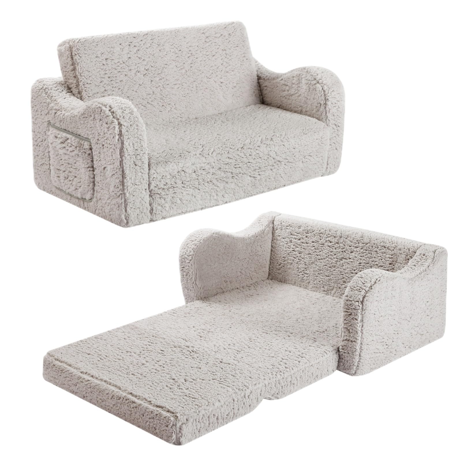 Kids Extra Wide Chairs for Toddler, 2-in-1 Toddler Soft Sherpa Couch Fold Out
