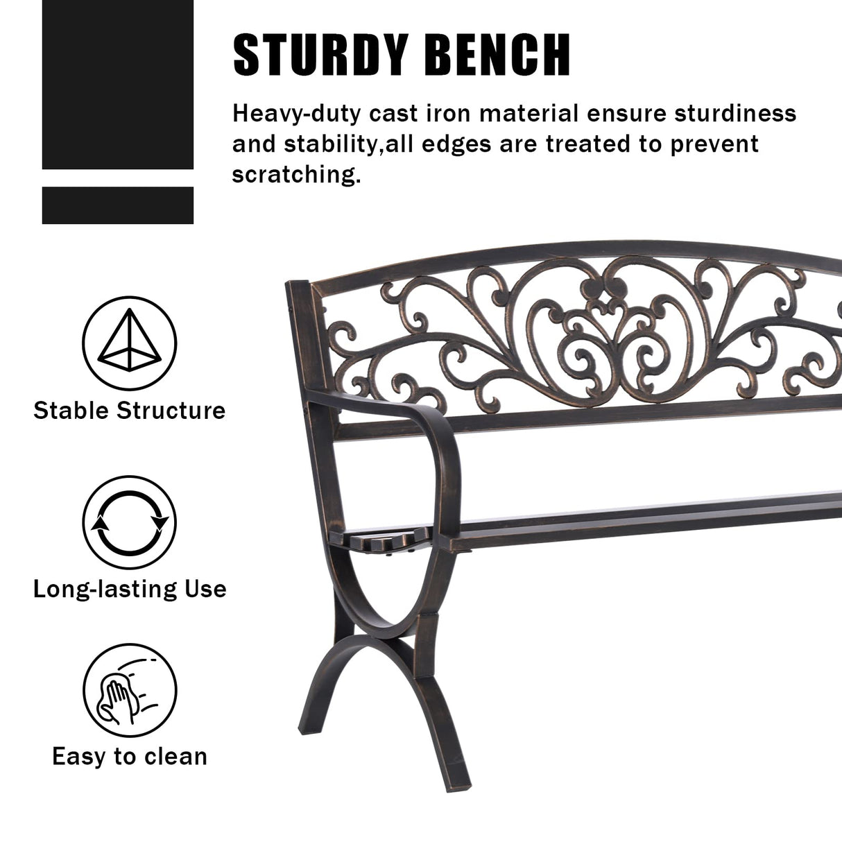 50 Inches Outdoor Garden Bench,Cast Iron Metal Bench with Floral Pattern