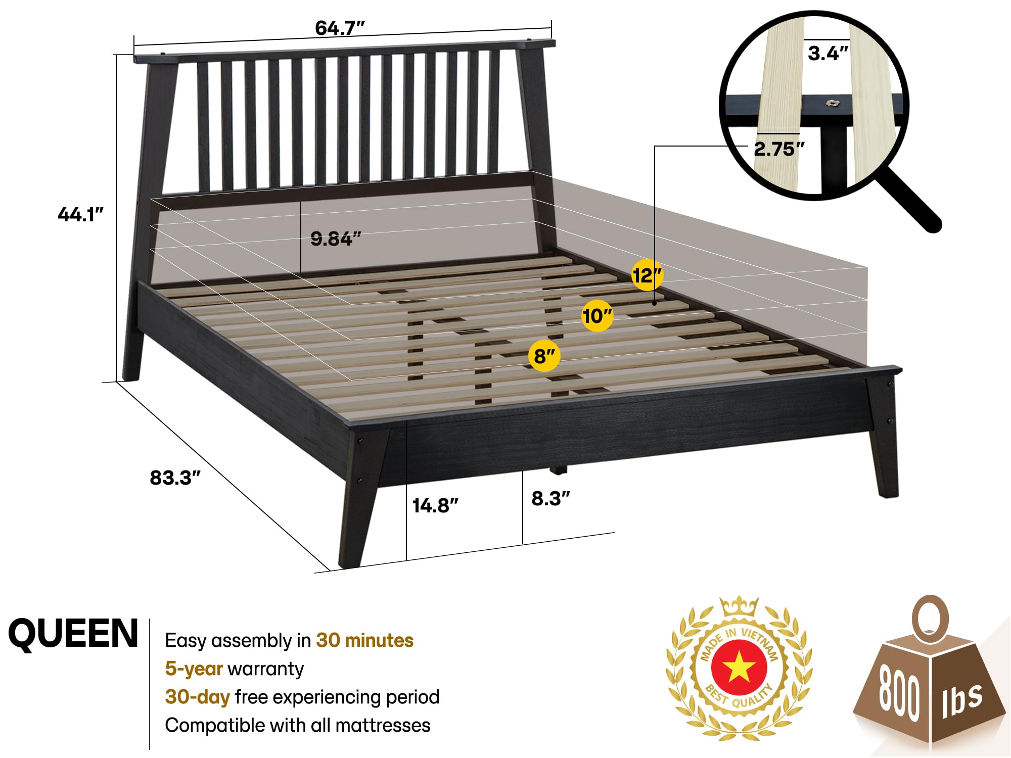 Kaylin Bed Frame with Headboard Solid Wood Platform Bed