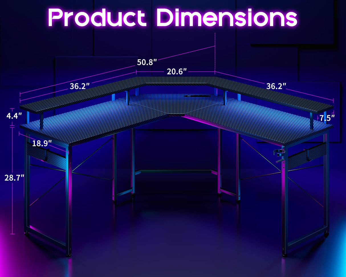 L Shaped Gaming Desk with LED Lights & Power Outlets, 51" Computer Desk