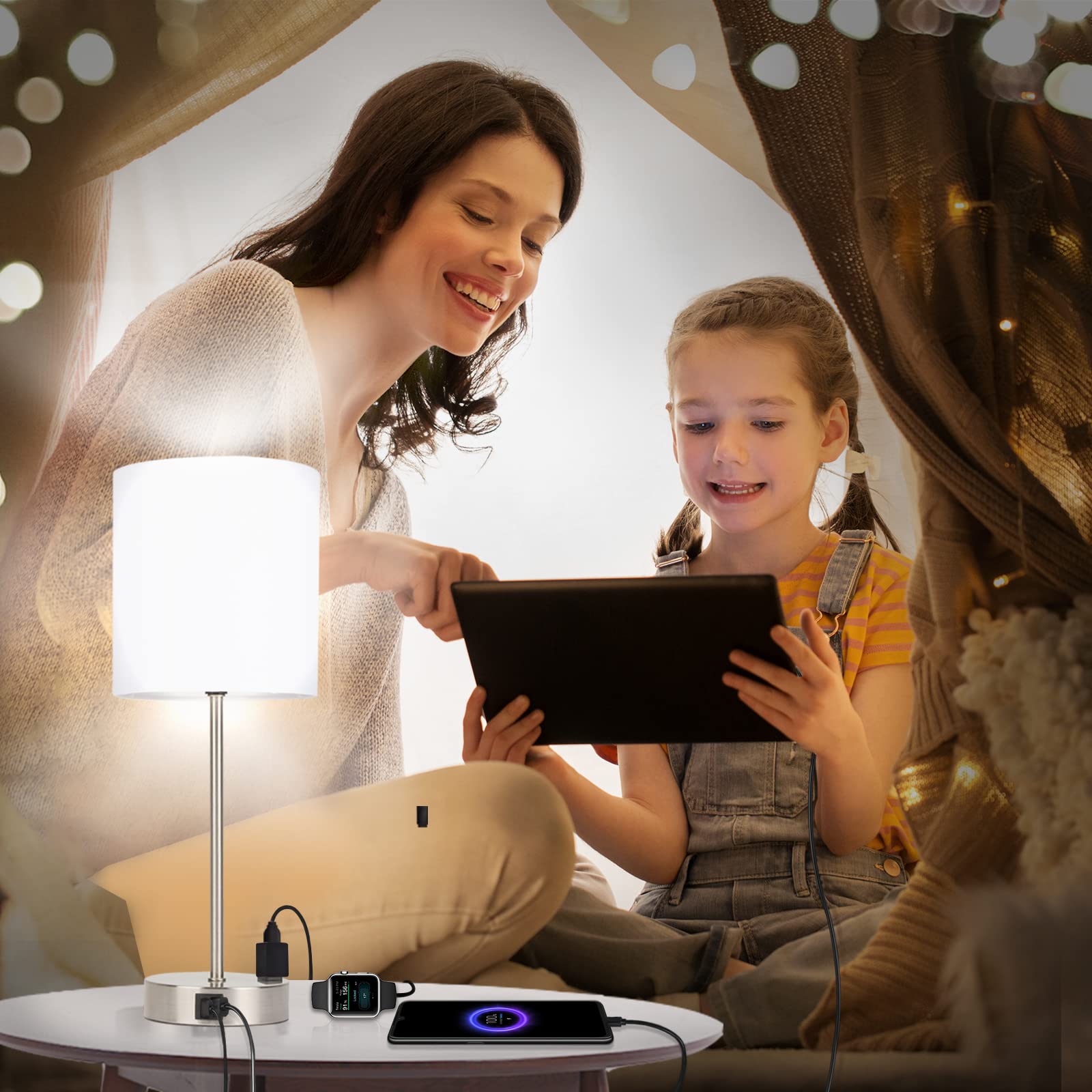 Bedside Lamps Set 2, 3 Way Full Dimming lamp with USB Ports