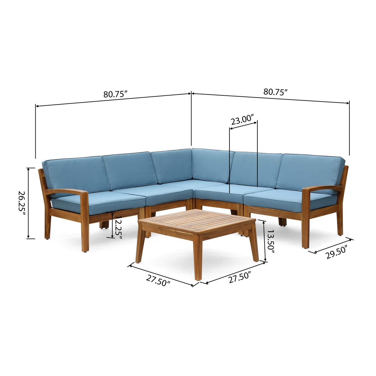 Roy Outdoor Acacia Wood 5 Seater  Sofa Set with Coffee Table