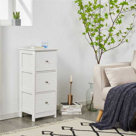 Narrow White Storage Cabinet with 3 Drawers