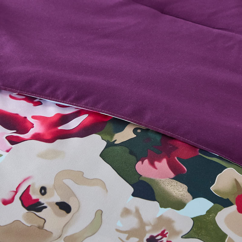 7 Piece Bed in a Bag, Floral Comforter Set Queen Size, Watercolor Blooms Print Design