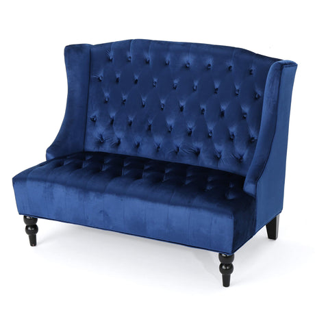 Leora Traditional Tufted Velvet Wingback Loveseat, Navy Blue / Dark Brown