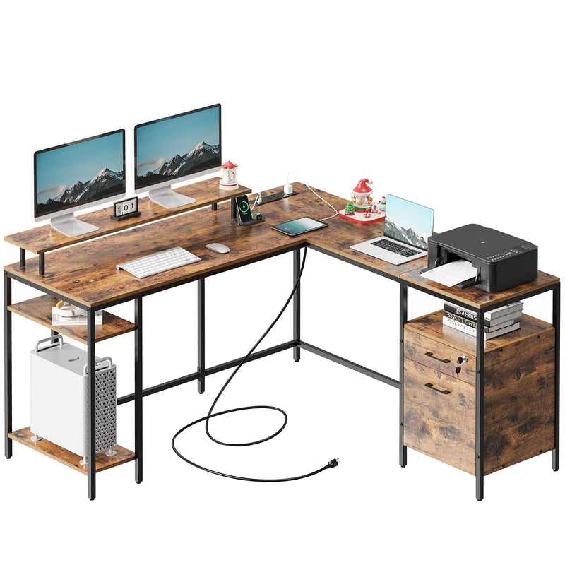 Reversible Computer Desk with Power Outlets & File Cabinet, L Shaped Desk