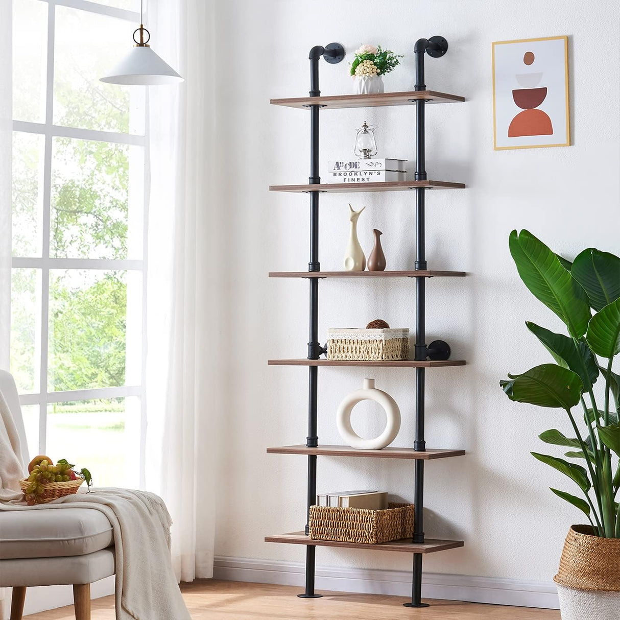 Industrial Bookshelf, 6-Tier Industrial Pipe Bookshelf, Wall Mounted Ladder Shelves