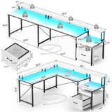 68" L Shaped Desk with Power Outlet & LED Strip