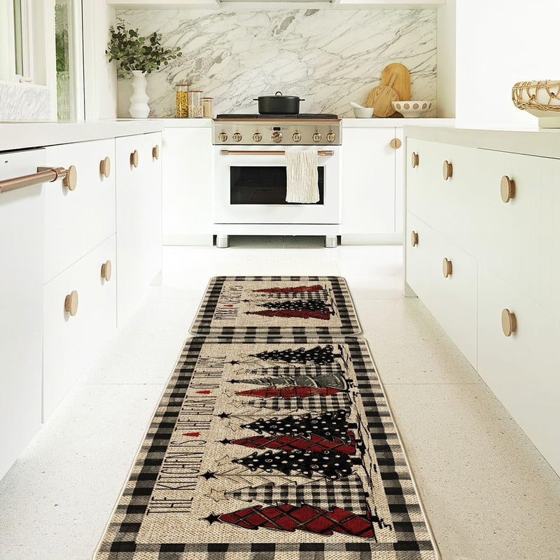 Buffalo Plaid Xmas Tree Merry Christmas Kitchen Mats Set of 2, Winter Home Decor