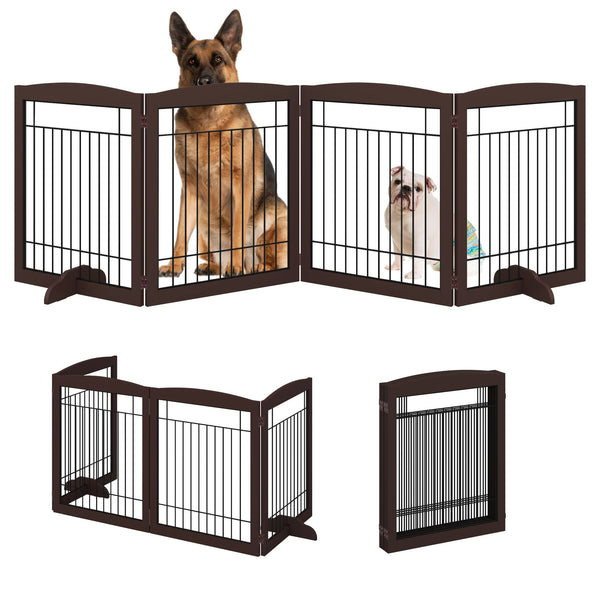 No-Assembly Folding 96" Extra Wide 30" Tall Wooden Dog Gate, Freestanding Wire Pet Gate