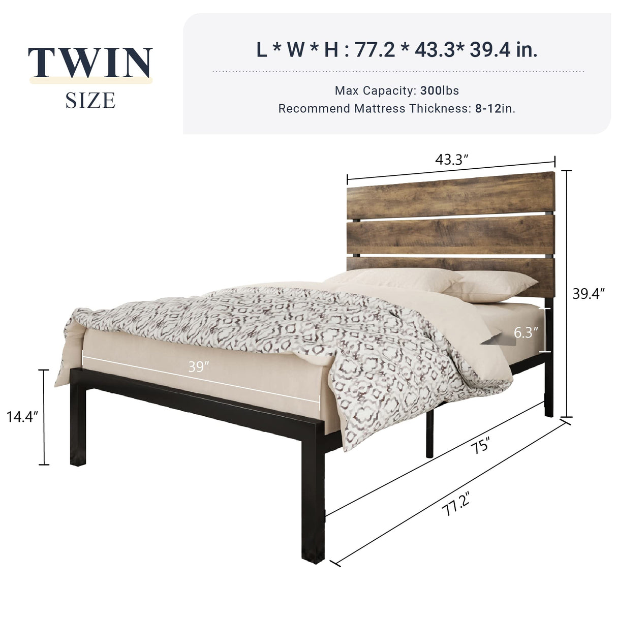 Twin Size Platform Bed Frame with Wooden headboard and Metal Slats/Rustic Country