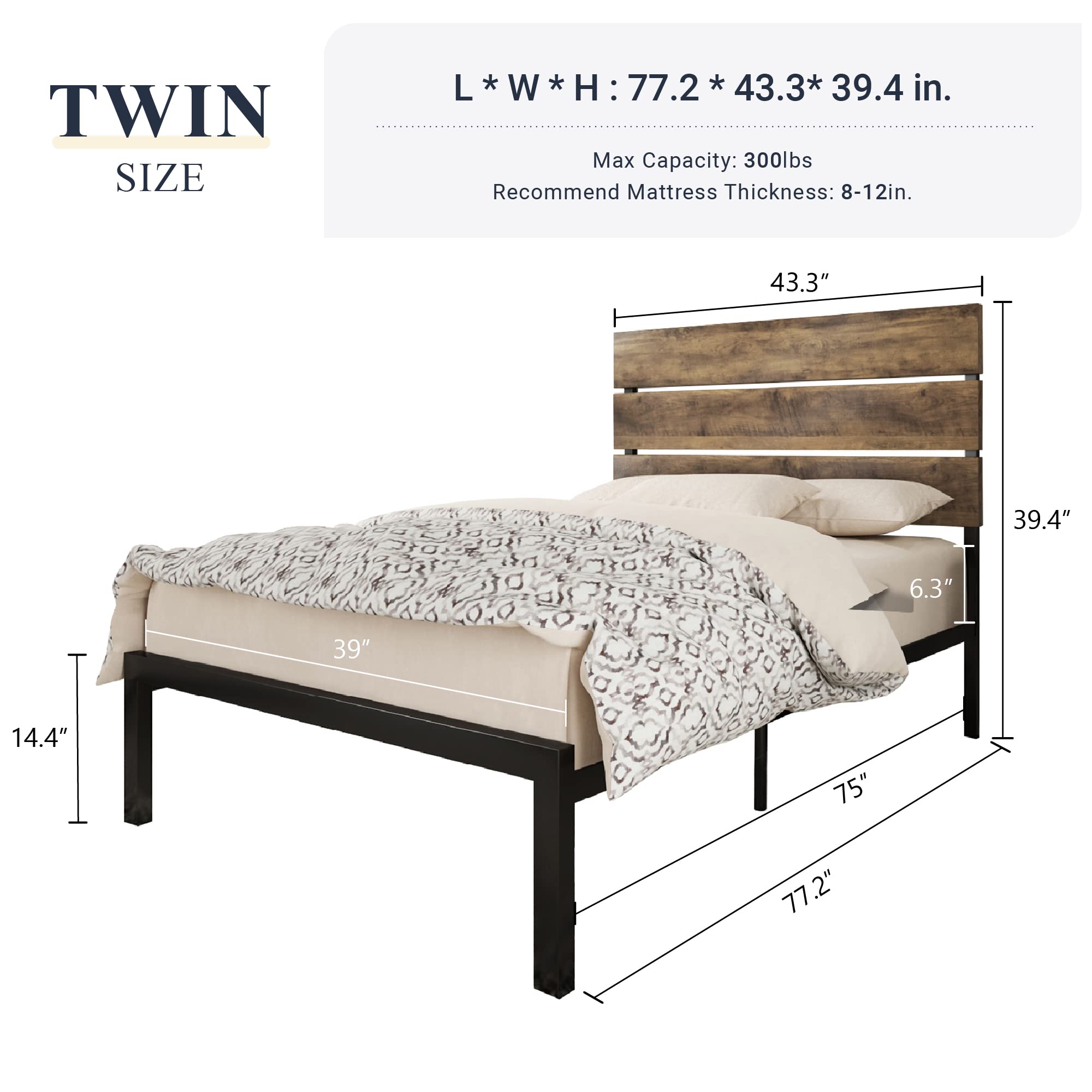 Twin Size Platform Bed Frame with Wooden headboard and Metal Slats/Rustic Country