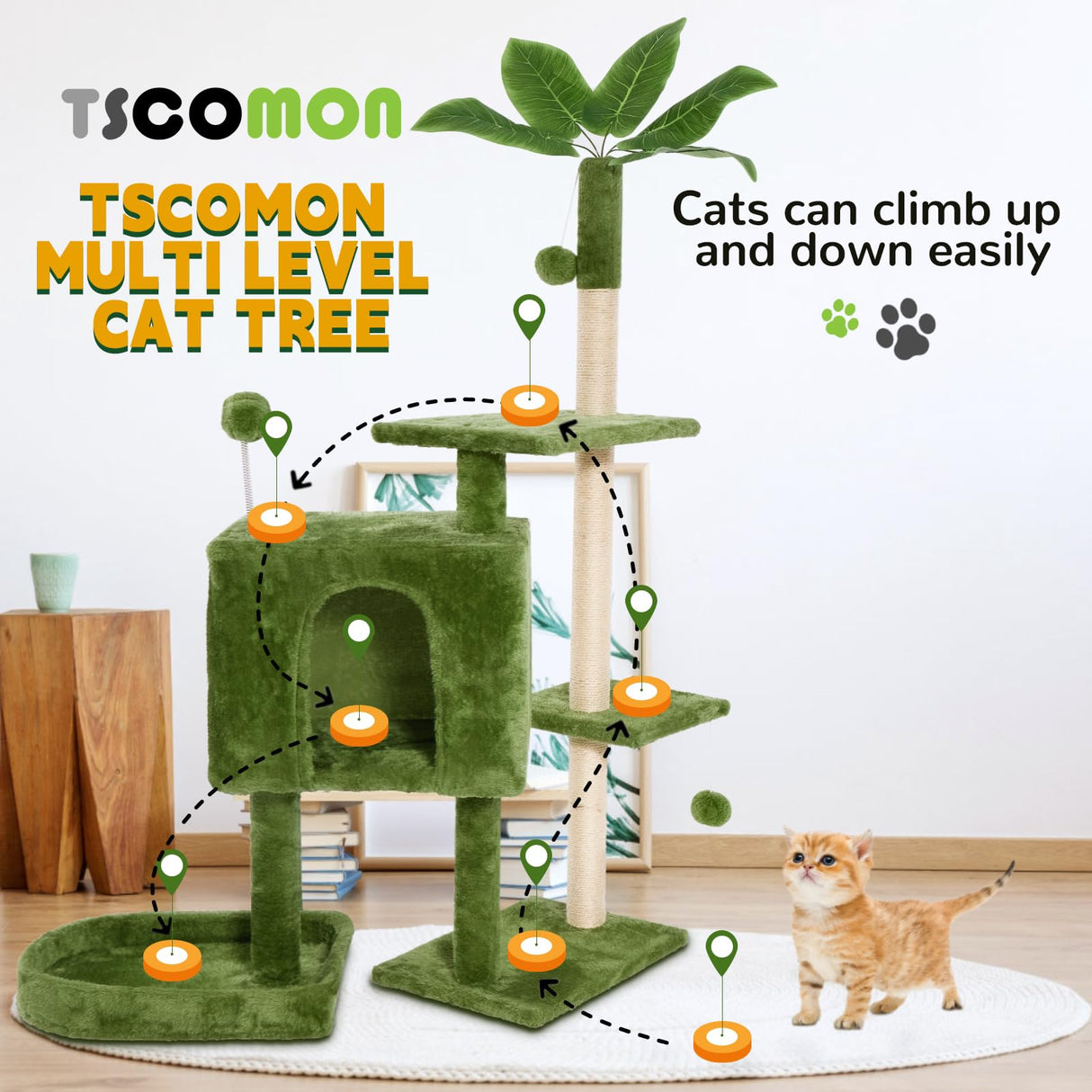 Cat Tree Cat Tower for Indoor Cats with Green Leaves