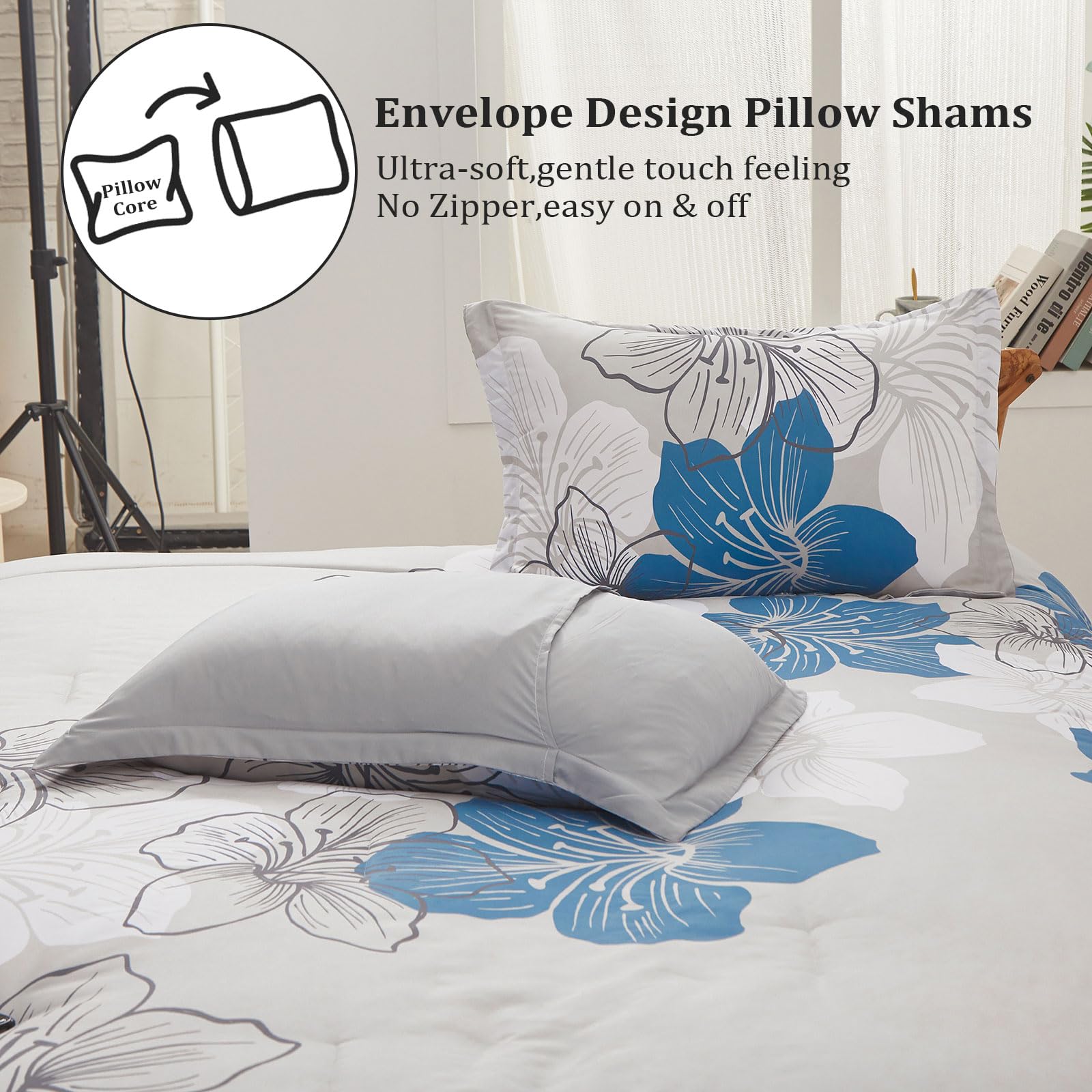 Floral Bed Comforter Set King - Blue Floral Pattern Printed on Grey