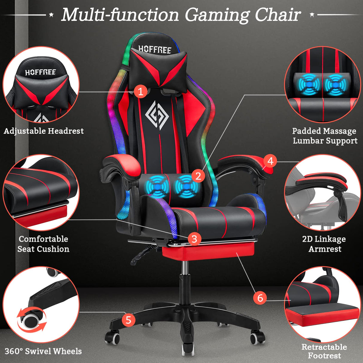 Gaming Chair with Bluetooth Speakers and LED Lights Ergonomic