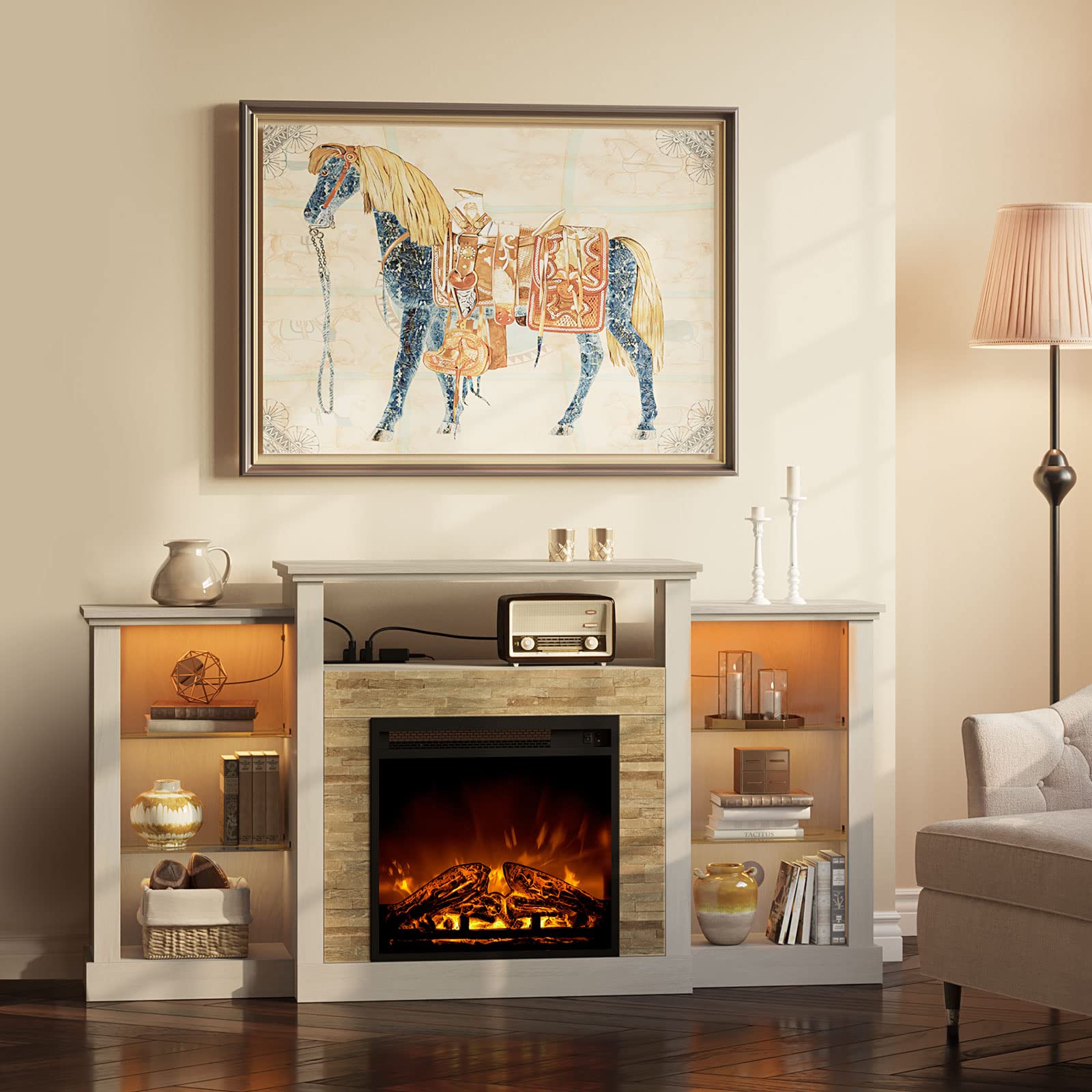 Fireplace TV Stand with LED Lights and Power Outlets